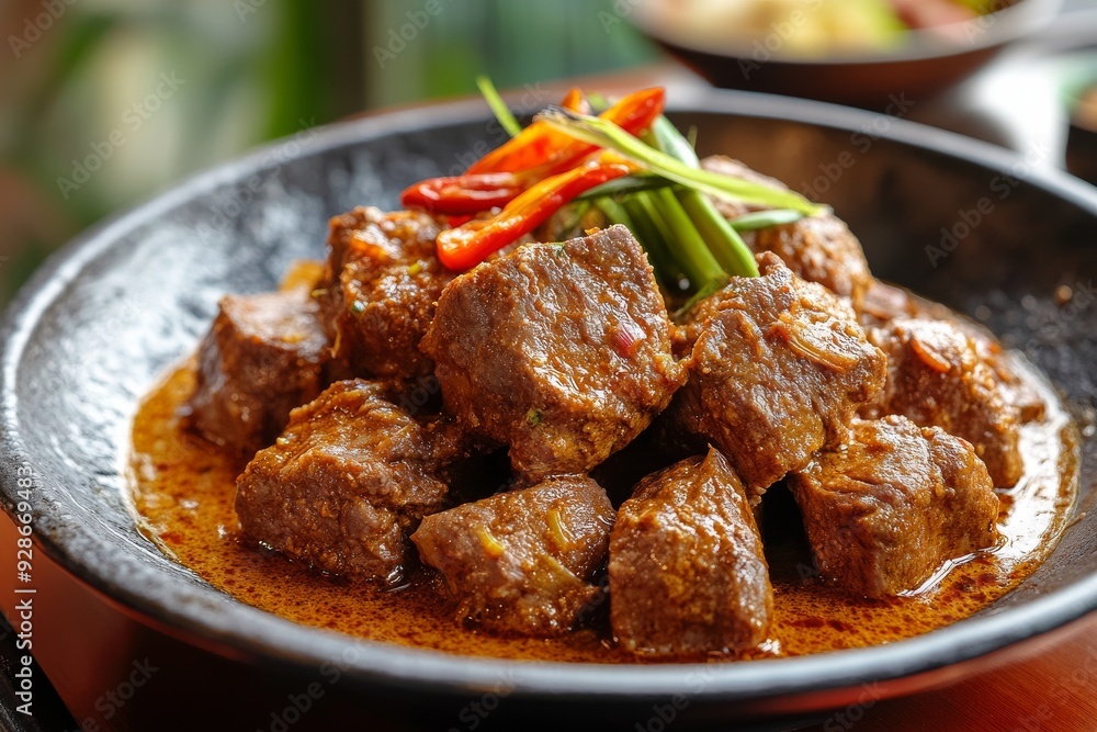 Rendang, A slow-cooked dry curry made from beef braised in coconut milk and a mixture of lemongrass, galangal, garlic, turmeric, ginger, and chilies. Rendang, A slow-cooked dry curry made from beef braised in coconut milk and a mixture of lemongrass, galangal, garlic, turmeric, ginger, and chilies.
