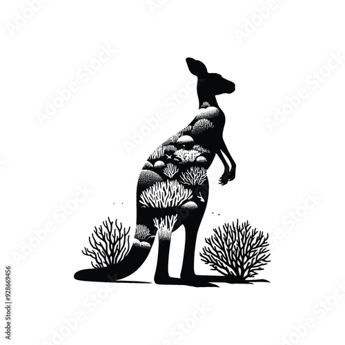 silhouette of Kangaroo filled with underwater view with coral in rough drawing,