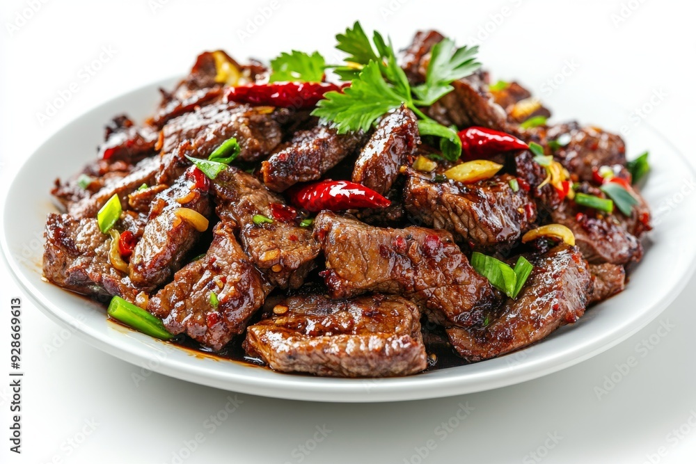 Spicy Fried Beef, Thinly sliced beef that is deep-fried until crispy and then coated with a spicy chili sauce made from red chilies, shallots, garlic, and tomatoes. isolated on white background Spicy Fried Beef, Thinly sliced beef that is deep-fried until crispy and then coated with a spicy chili sauce made from red chilies, shallots, garlic, and tomatoes. isolated on white background