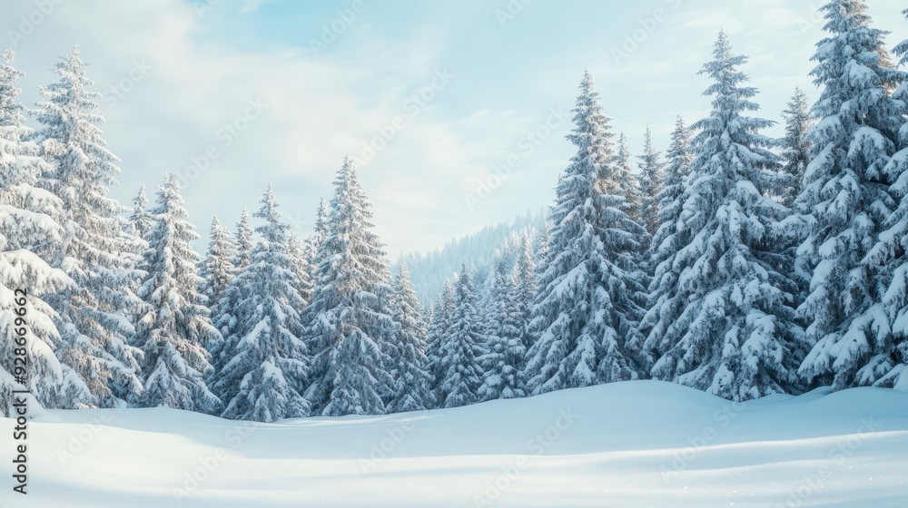 A serene winter landscape with snow-covered pine trees under a clear sky. A serene winter landscape with snow-covered pine trees under a clear sky.