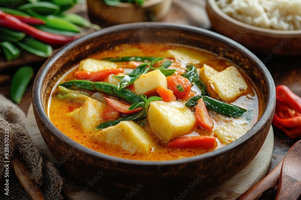 Surabaya Vegetable Stew with Rice Cakes, This East Javanese variant features a coconut milk soup with vegetables such as young jackfruit, long beans, and sometimes green papaya. Surabaya Vegetable Stew with Rice Cakes, This East Javanese variant features a coconut milk soup with vegetables such as young jackfruit, long beans, and sometimes green papaya.