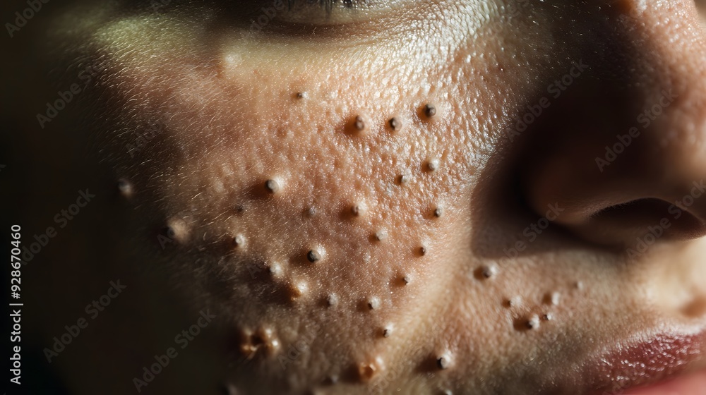 Obraz premium Close-up of a woman's face showing acne.