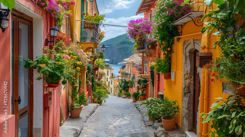 Fototapeta Naklejka Na Ścianę i Meble -  A charming summer street in a Mediterranean village, with narrow alleys, vibrant flowers cascading from balconies, and the scent of fresh citrus in the air.