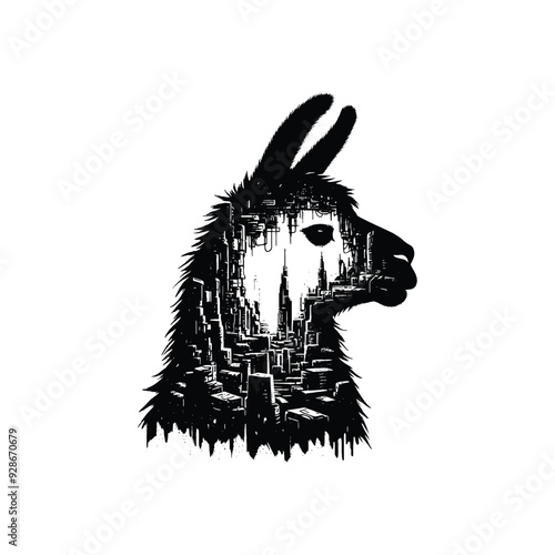 silhouette of Llama filled with destroyed futuristic dystopia environment in rough drawing,