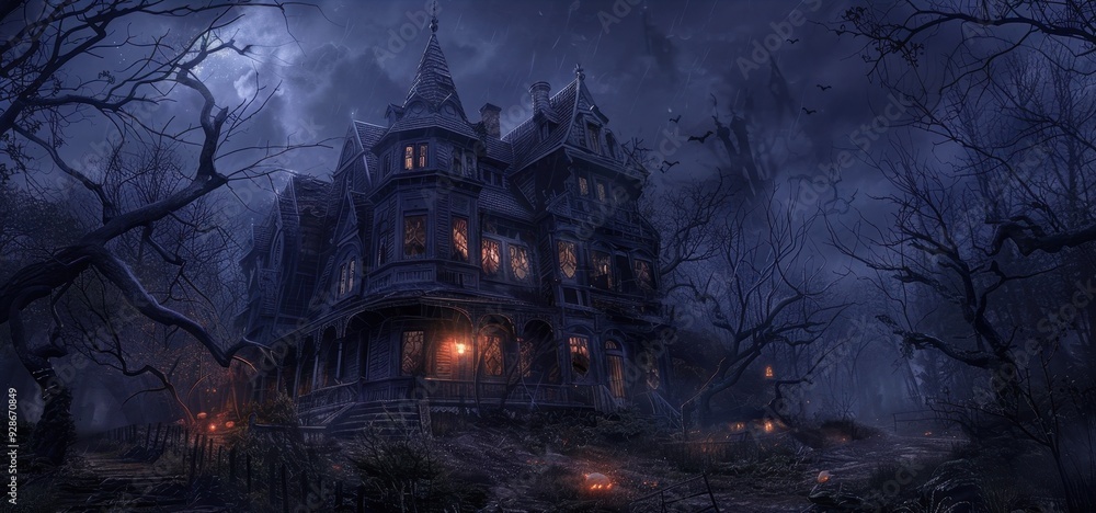 A dark, eerie haunted house surrounded by twisted trees and a stormy sky, perfect for capturing a sense of mystery and fear. A dark, eerie haunted house surrounded by twisted trees and a stormy sky, perfect for capturing a sense of mystery and fear.