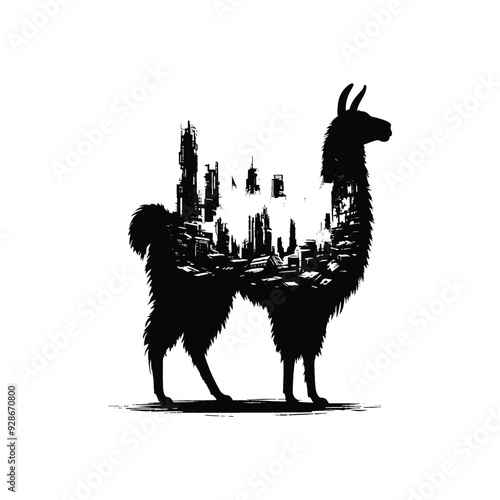 silhouette of Llama filled with destroyed futuristic dystopia environment in rough drawing,