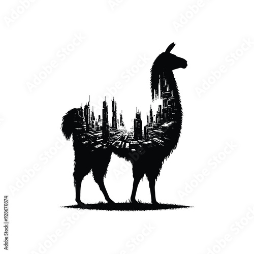 silhouette of Llama filled with destroyed futuristic dystopia environment in rough drawing,