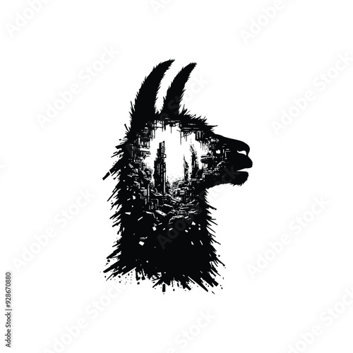 silhouette of Llama filled with destroyed futuristic dystopia environment in rough drawing,