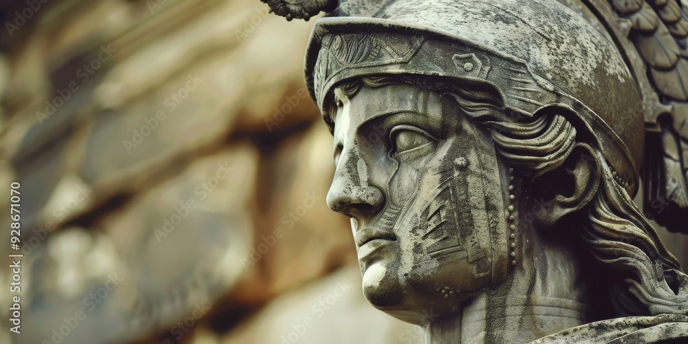 A detailed close-up of a statue depicting a warrior figure, showcasing intricate craftsmanship and historical significance. A detailed close-up of a statue depicting a warrior figure, showcasing intricate craftsmanship and historical significance.