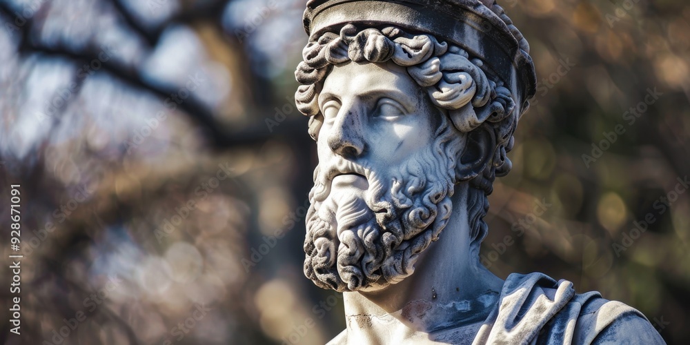 A detailed statue of a Greek god, showcasing artistry and historical significance in a serene outdoor setting. A detailed statue of a Greek god, showcasing artistry and historical significance in a serene outdoor setting.