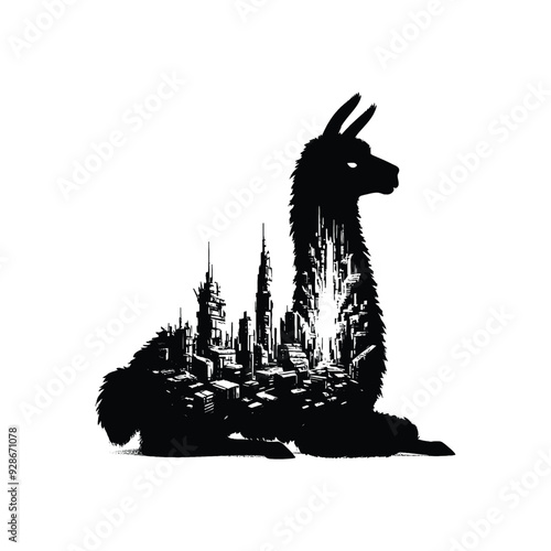 silhouette of Llama filled with destroyed futuristic dystopia environment in rough drawing,