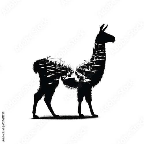 silhouette of Llama filled with ghetto street in rough drawing,