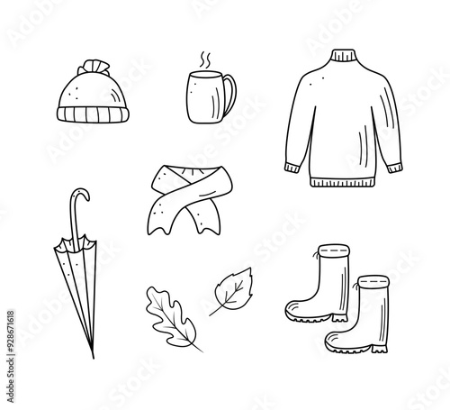 Autumn doodle icons. Vector illustration of autumn elements, sketch outline on a white background.