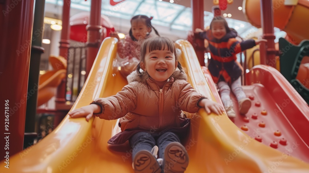 Little children enjoying game on slide at indoor playground area Little children enjoying game on slide at indoor playground area