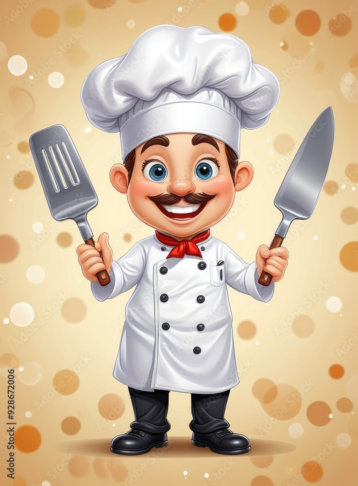 Cheerful cartoon chef holding cooking utensils, ready for culinary fun Cheerful cartoon chef holding cooking utensils, ready for culinary fun