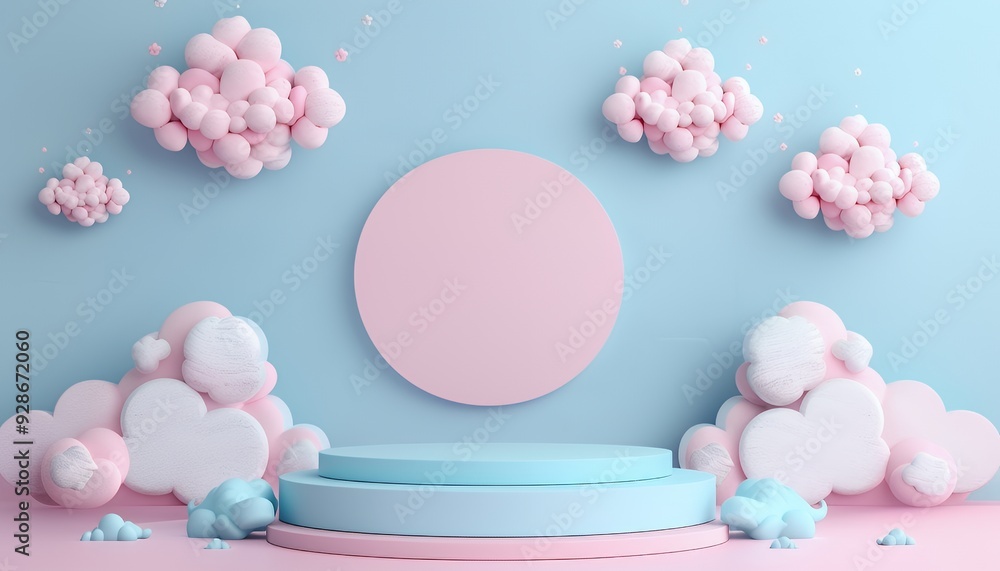 Pastel pink and blue 3D podium with cloud-shaped decor, perfect for displaying products or branding. Pastel pink and blue 3D podium with cloud-shaped decor, perfect for displaying products or branding.