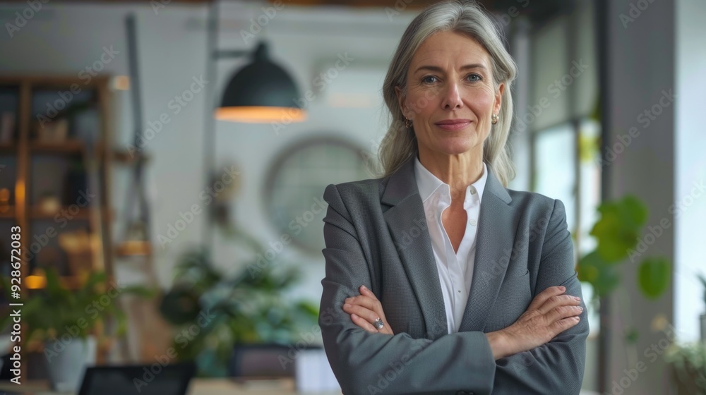 A professional woman stands with her arms crossed, wearing a business suit A professional woman stands with her arms crossed, wearing a business suit