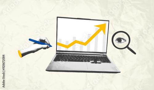 Business growth concept art collage banner template. Halftone hand signing the contract, laptop with rising arrow chart on screen and searching magnifier. Trendy modern retro vector illustration