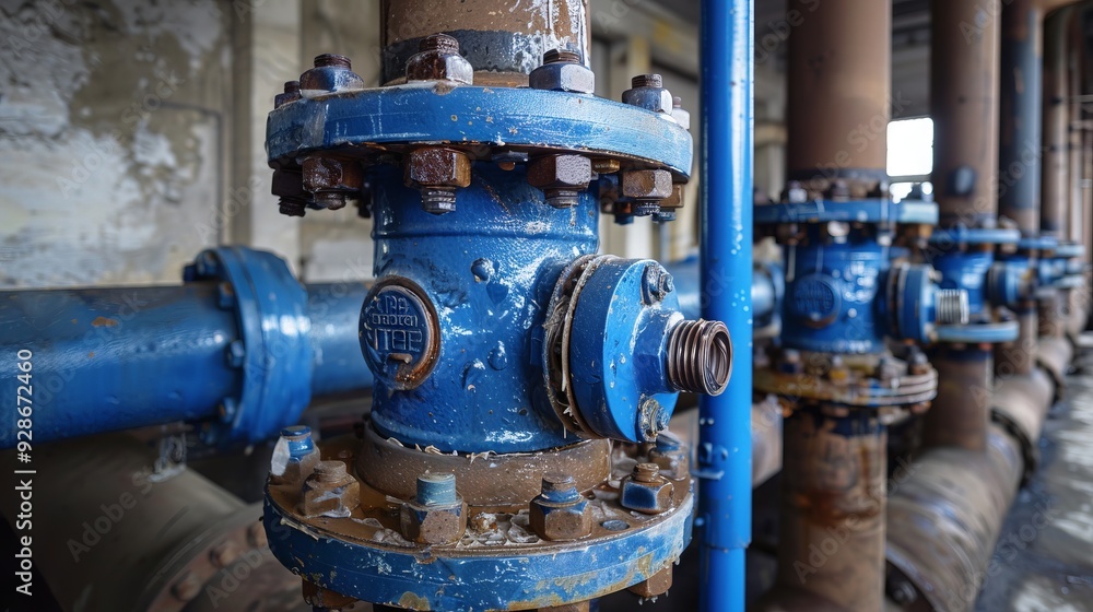 Old big drink water pipes joined with new blue valves and new blue joint members Old big drink water pipes joined with new blue valves and new blue joint members