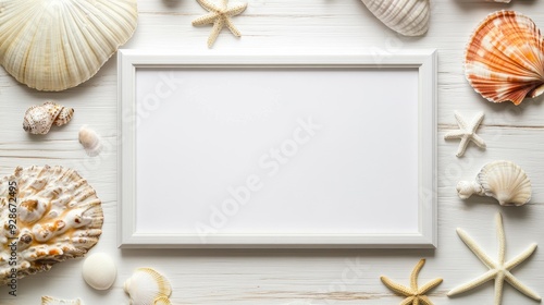 A white frame surrounded by various seashells and starfish on a light wooden background, perfect for coastal-themed artwork or vacation memories, photo