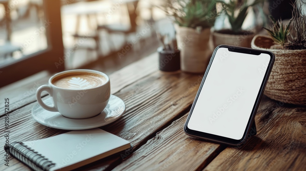 A close-up of a wooden table with a cup of latte art coffee, a blank smartphone, and a notebook, creating a perfect workspace setup ideal for blog headers, business websites, or social media content, A close-up of a wooden table with a cup of latte art coffee, a blank smartphone, and a notebook, creating a perfect workspace setup ideal for blog headers, business websites, or social media content,