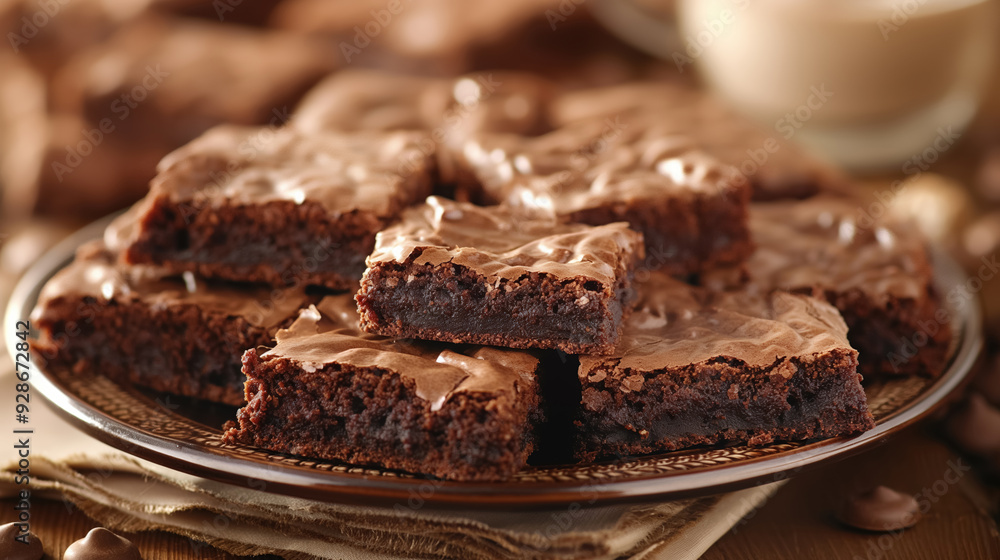 Plate of rich, fudgy brownies with a glossy top, cut into squares and arranged invitingly, creating a mouth-watering display of a classic dessert. Plate of rich, fudgy brownies with a glossy top, cut into squares and arranged invitingly, creating a mouth-watering display of a classic dessert.