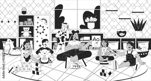 Smiling teacher playing with little children in kindergarten black and white line illustration. Woman teaching toddlers in daycare 2D characters monochrome background. Nursery outline vector image