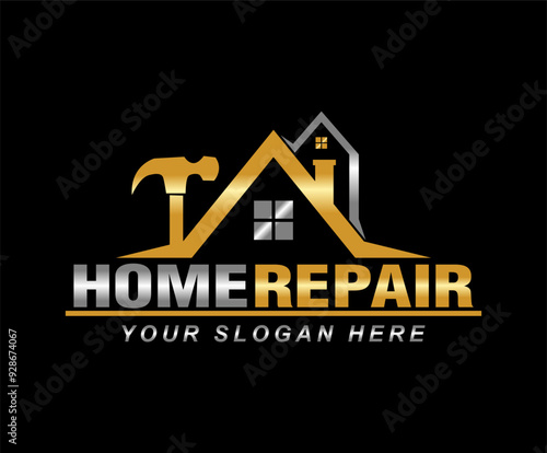 Home repair, maintenance and building construction logo design template, illustration vector home services renovation black background