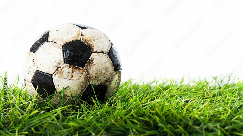 Obraz premium Worn soccer ball on green grass