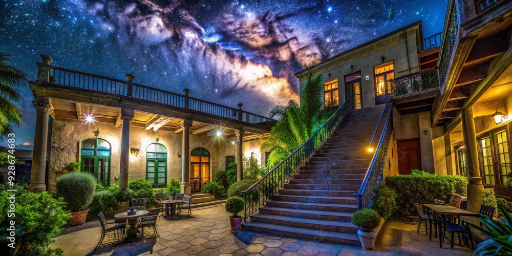 Obraz premium A Night Under the Milky Way in a Romantic Courtyard, Milky Way, Night Sky, Stars, Courtyard