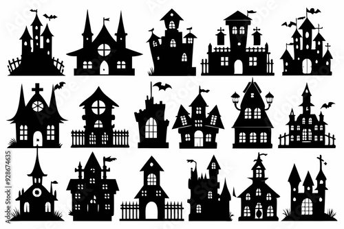 A Silhouette Vector Of Halloween Haunted House set, scary halloween house bundle set