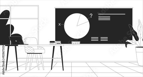 Lesson in math classroom black and white line illustration. Mathematic teacher and little student in school 2D interior monochrome background. Learning education course outline vector image
