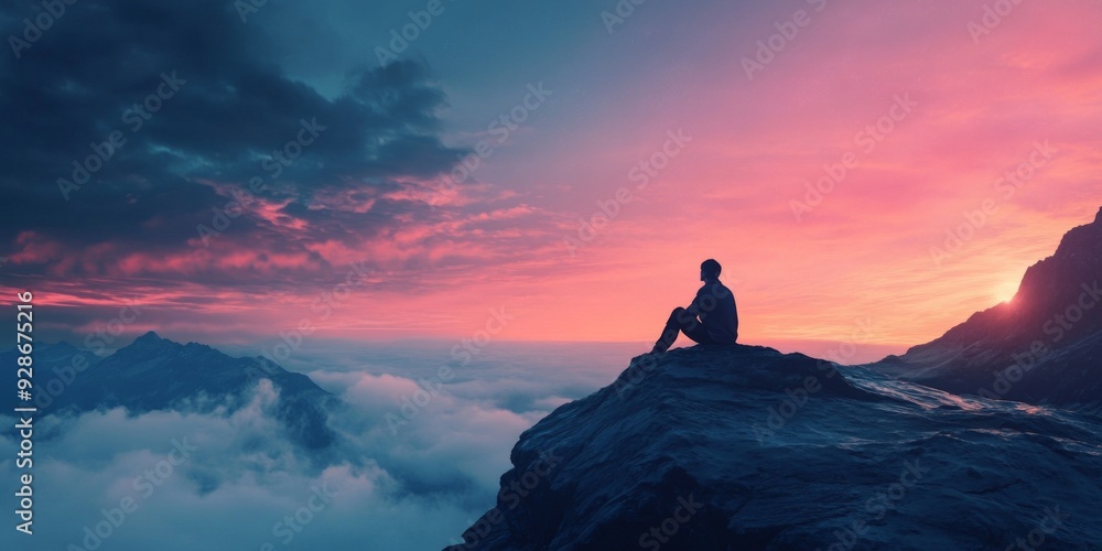 Serenity at Twilight: A Solitary Figure on a Mountain Summit, Contemplating the Majestic Vista with a Canvas of Vibrant Skies, Ideal for Travel and Leisure Posters and 4K Wallpapers. Serenity at Twilight: A Solitary Figure on a Mountain Summit, Contemplating the Majestic Vista with a Canvas of Vibrant Skies, Ideal for Travel and Leisure Posters and 4K Wallpapers.