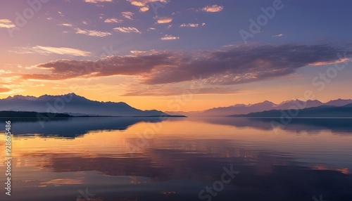 The lake at sunset, the mountains in the distance and the quiet water surface present warm colors.