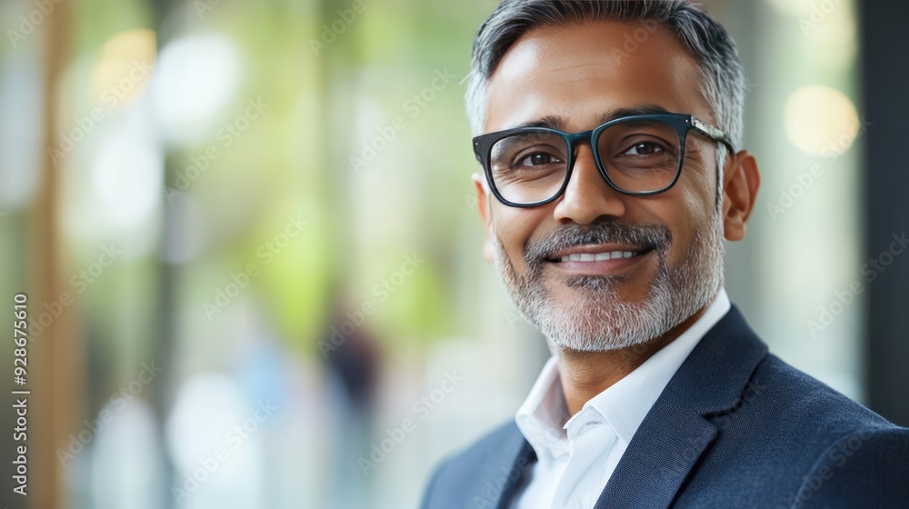 Fototapeta premium Portrait of a Smiling Middle-Aged Man in a Suit and Glasses