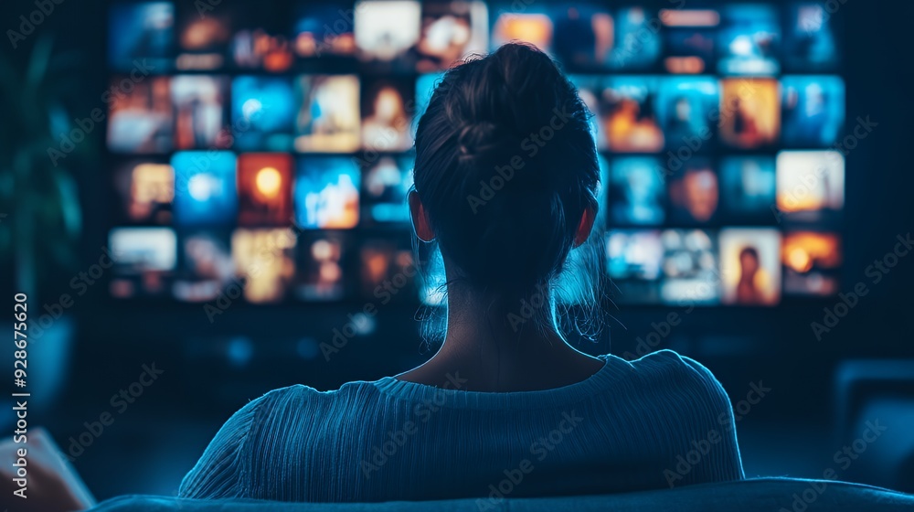 Woman watching TV with a blurred screen showing many different channels in the background. Woman watching TV with a blurred screen showing many different channels in the background.