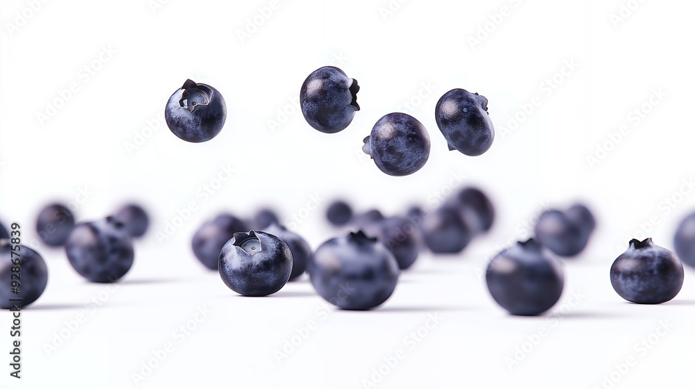 Close up of blueberries falling and laying on a white surface. Close up of blueberries falling and laying on a white surface.