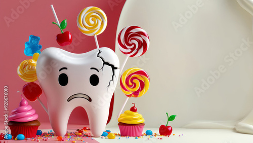 Dental sad cartoon tooth with colourful candies and sweets. Concept of hygiene and proper healthy nutrition. AI banner