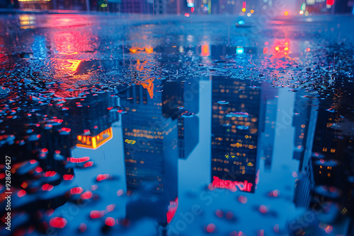 a city with lights reflecting on a wet surface