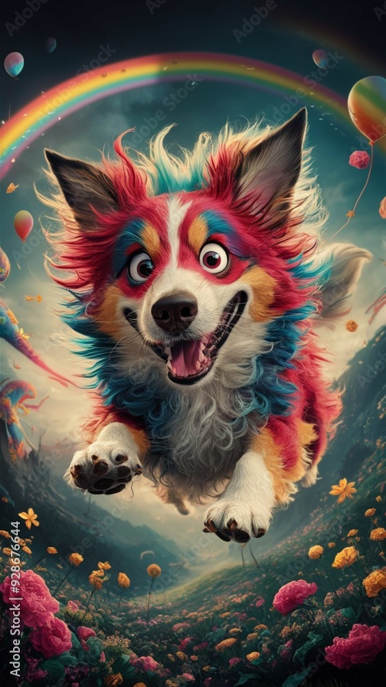 Naklejka premium Szalony Pies: A Whimsical Journey Through a Colorful Wonderland 