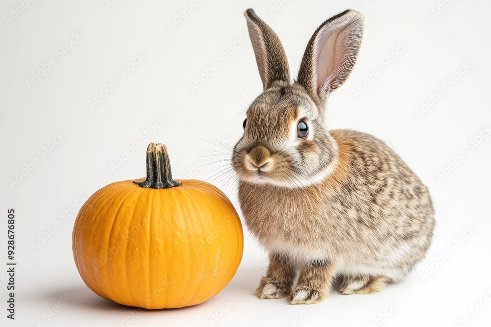 Fototapeta premium Rabbit sitting next to a pumpkin on a white background