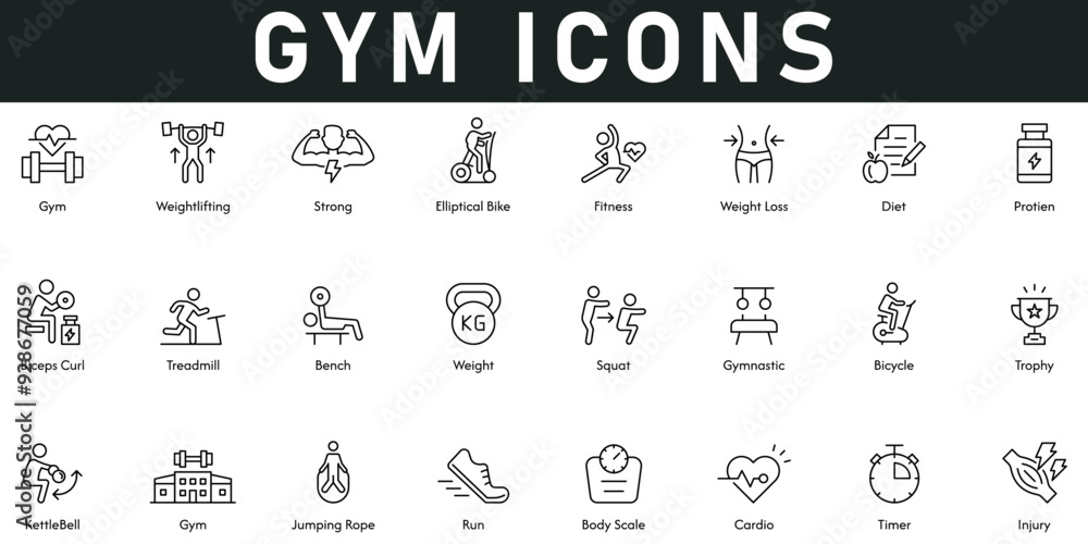 Gym Icons vector illustration with thin line editable stroke contains weightlifting, strong, fitness, diet, protein, injury, cardio, run, body scale, bicycle, trophy, bench, treadmill, jumping rope Gym Icons vector illustration with thin line editable stroke contains weightlifting, strong, fitness, diet, protein, injury, cardio, run, body scale, bicycle, trophy, bench, treadmill, jumping rope