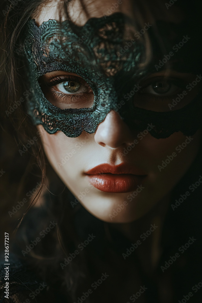 closeup of a pretty woman with seductive block and a laze eye mask closeup of a pretty woman with seductive block and a laze eye mask