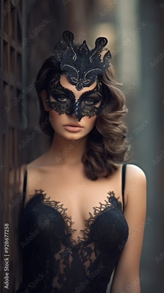 closeup of a pretty woman with seductive block and a laze eye mask closeup of a pretty woman with seductive block and a laze eye mask