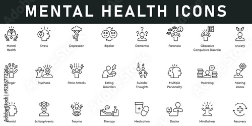 Mental Health Icons vector illustration with thin line editable stroke contains stress, depression, bipolar, anxiety, recovery, mindfulness, medication, trauma, anger, therapy, psychosis, panic attack