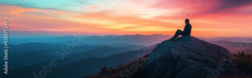 Serenity at Twilight: A Solitary Figure on a Mountain Summit, Contemplating the Majestic Vista with a Canvas of Vibrant Skies, Ideal for Travel and Leisure Posters and 4K Wallpapers.