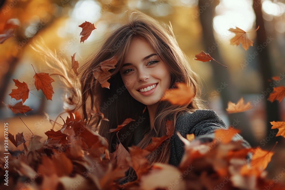 Woman Smiling Surrounded by Autumn Leaves Woman Smiling Surrounded by Autumn Leaves