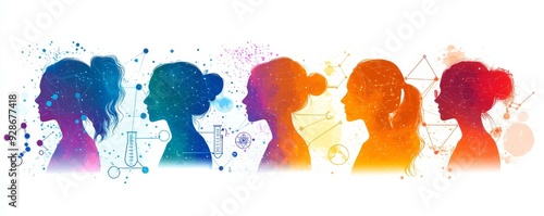 International Day of Women and Girls in Science design. It features silhouette of women with several science element icon.  illustration, Generative AI