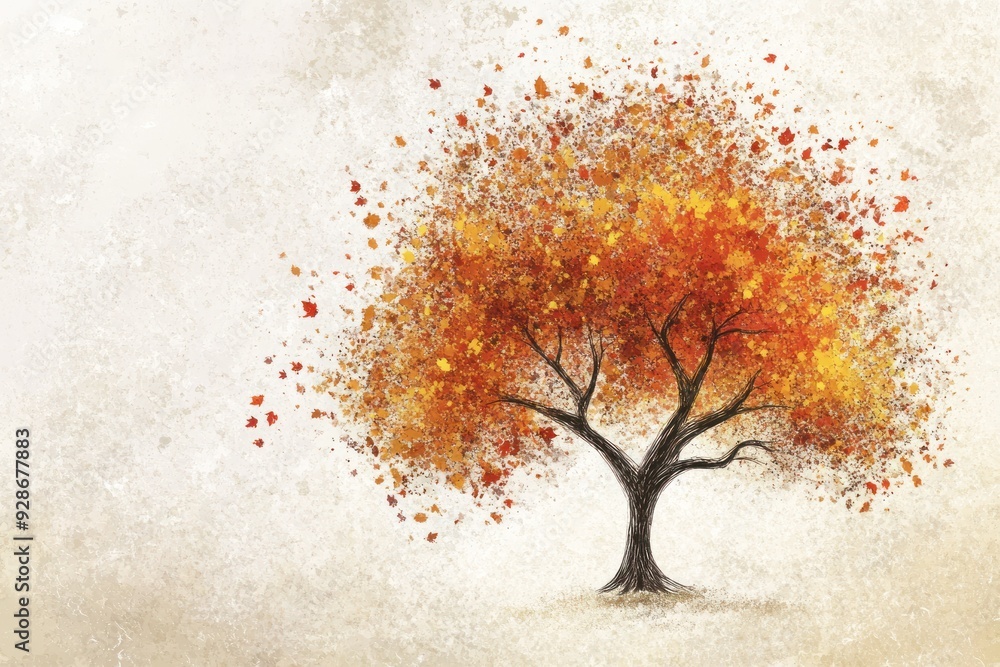 A Single Tree With Orange and Red Autumn Leaves Against a White Background A Single Tree With Orange and Red Autumn Leaves Against a White Background