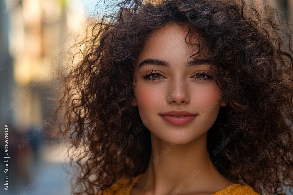 Portrait of young woman with curly hair in the city, Generative AI Portrait of young woman with curly hair in the city, Generative AI